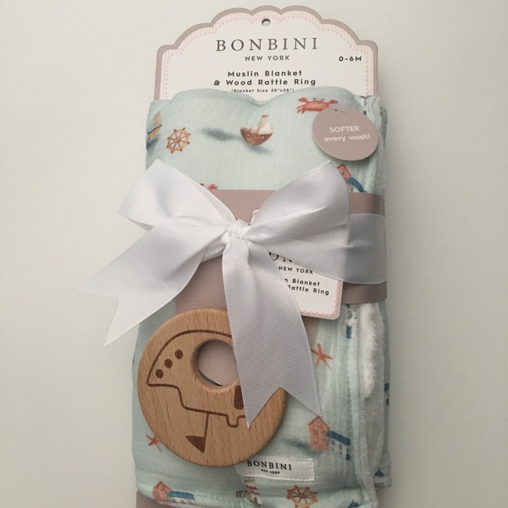 Baby Blanket Muslin Cotton Soft Fleece Lining and Wooden Teether NEW | Bonbini